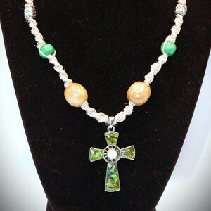 Abalone Like Celtic Cross with a Pearl Center on Tan Hemp Artisan Necklace 17"